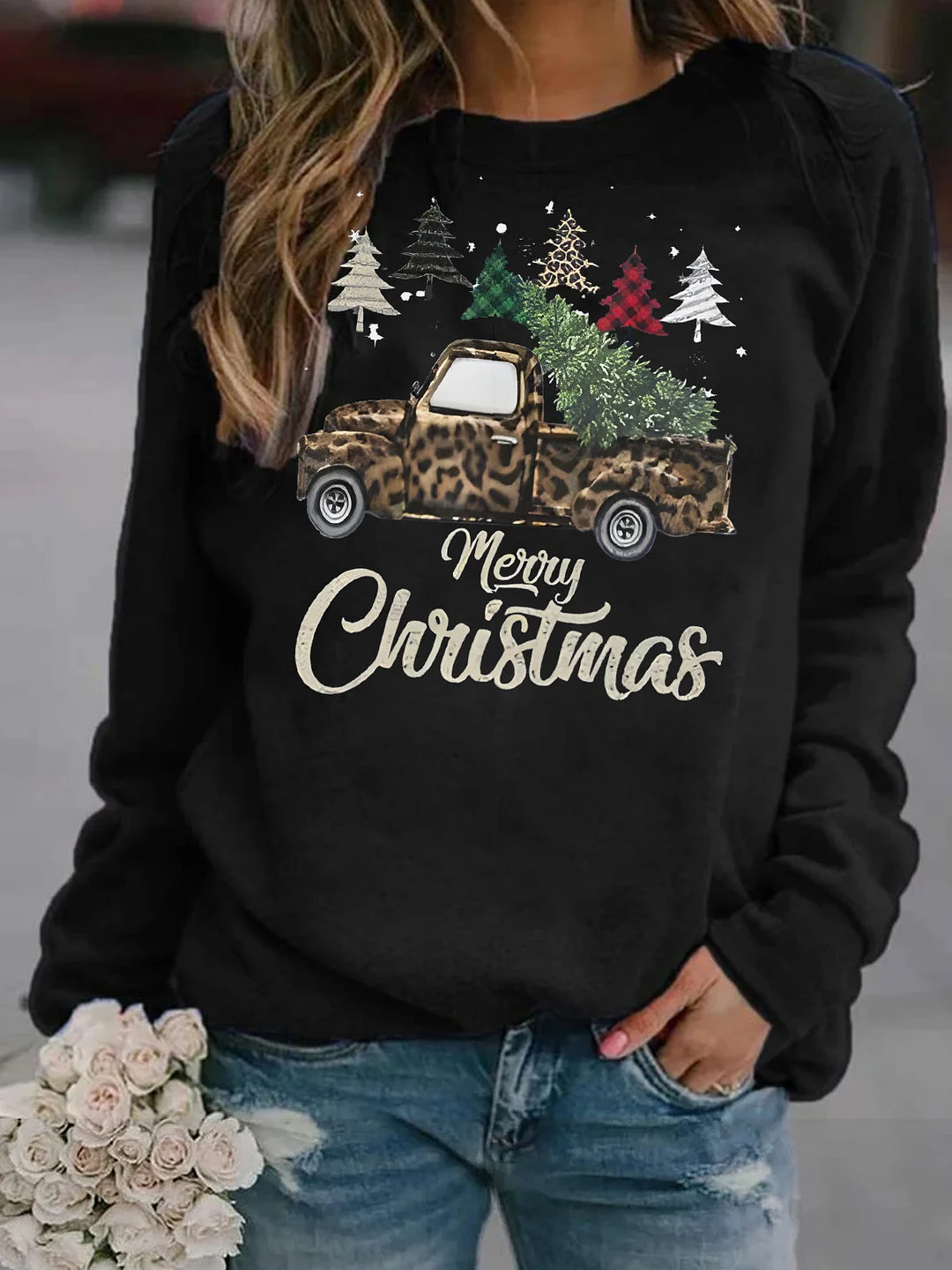 Merry Christmas Leopard Print Truck Holiday Sweatshirt