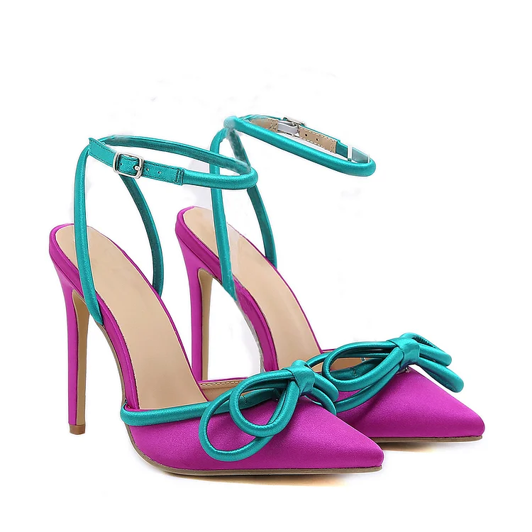 Luxury Contrast Satin Ankle Strap Pointed Toe Stiletto Butterfly Pumps - Purple Radinnoo.com