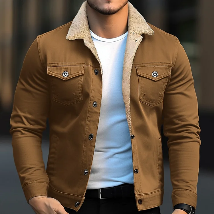 Men's Casual Plain Pocket Lapel Collar Plush Lined Cargo Jacket