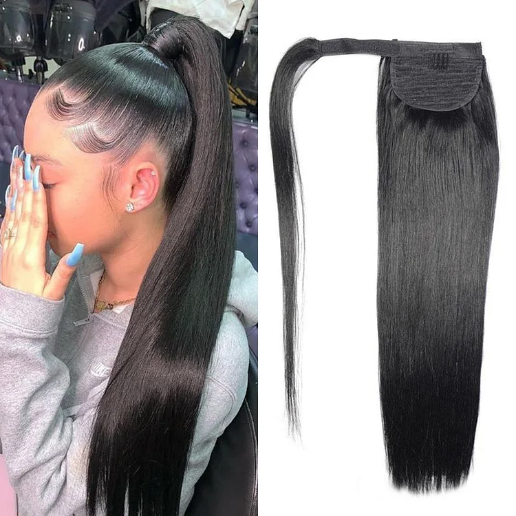 Straight Wrap-around Magic Velcro With Clip In Human Hair Ponytail Extension