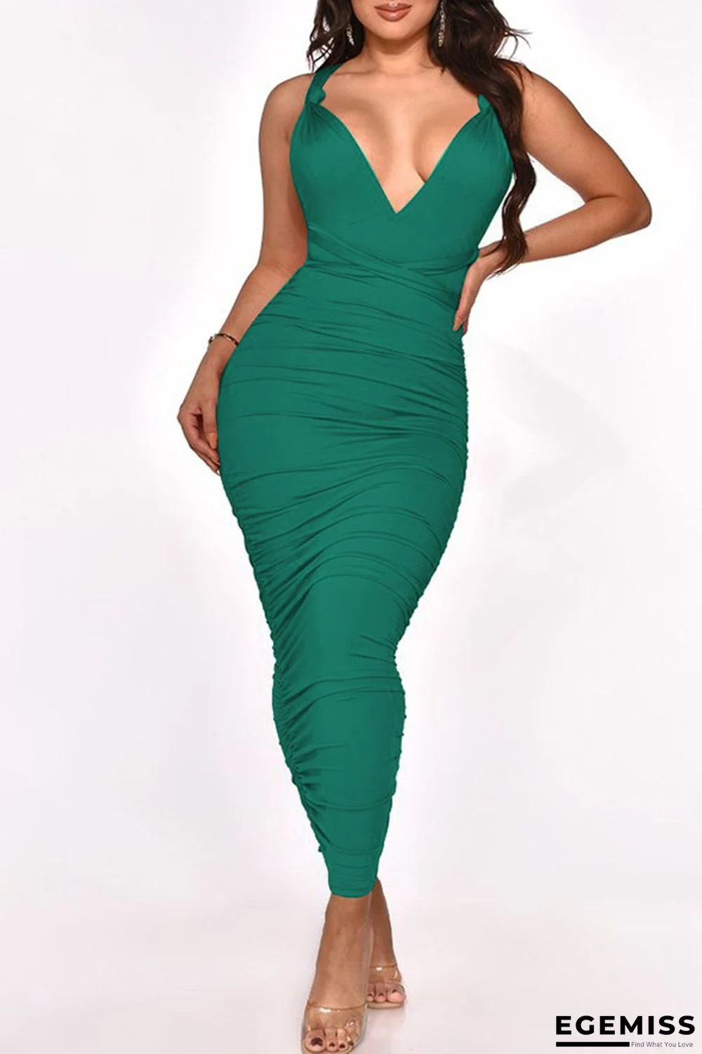 Green Sexy Solid Patchwork Frenulum Fold Asymmetrical One Step Skirt Dresses | EGEMISS