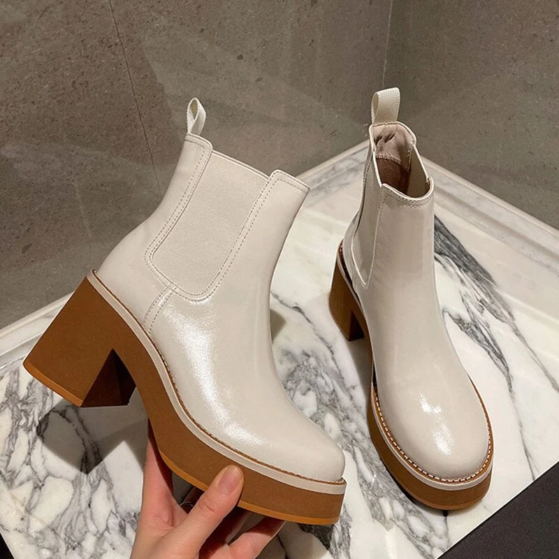 Fashion Platform Chelsea Boots For Women Chunky Heels Ladies Leather Shoes Autumn Winter Slip On Square Toe Female Ankle Boots