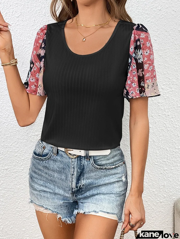 Printed Puff Sleeve Round Neck Tee