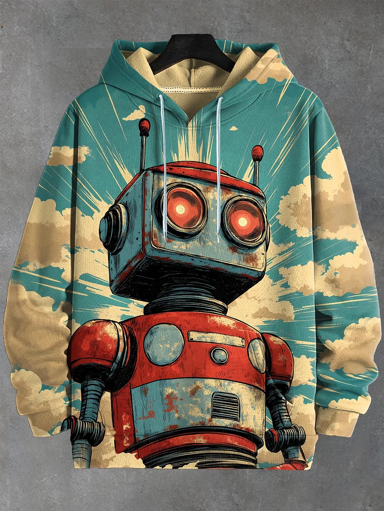 Men's Retro Robot Cloud Art Print Hooded Sweatshirt