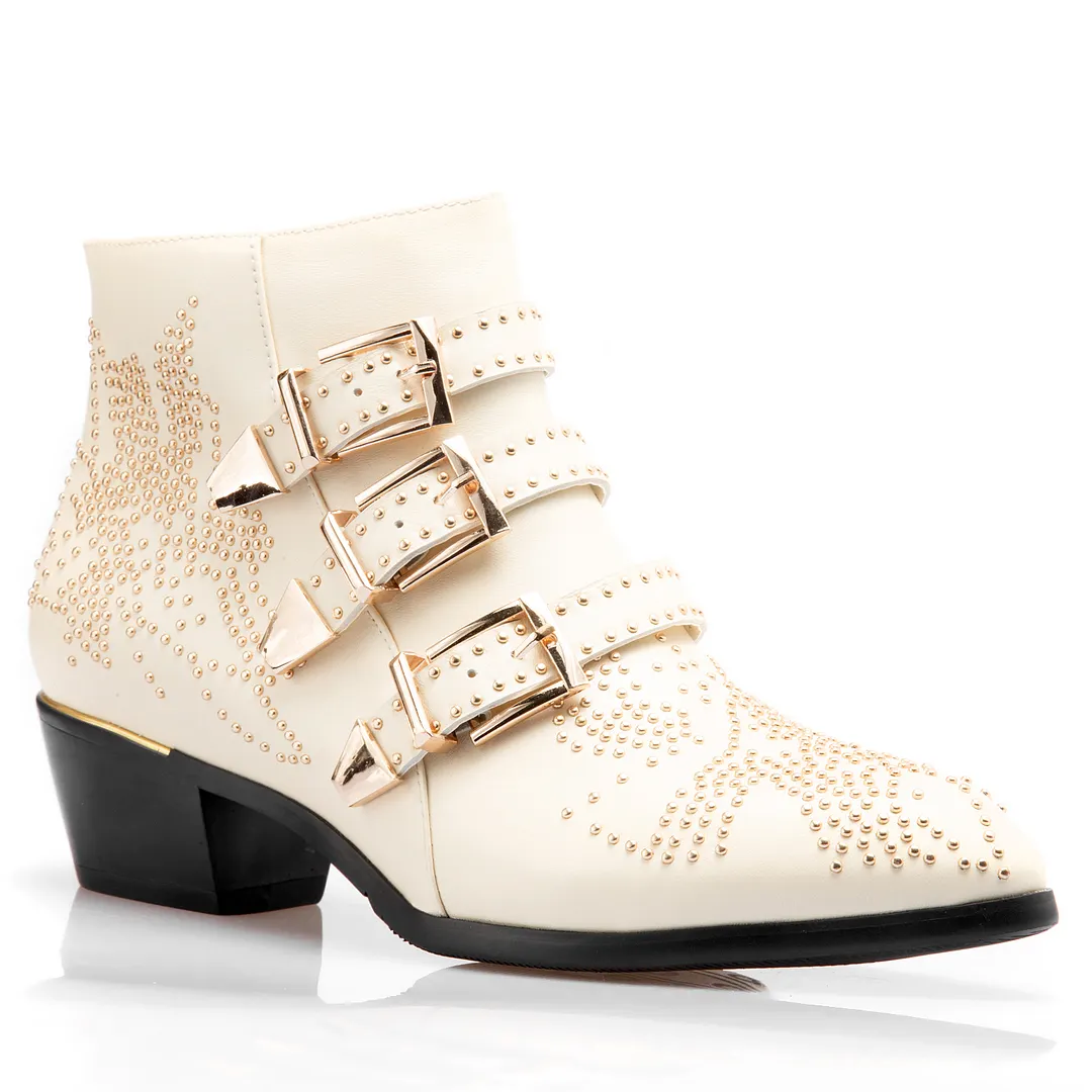 Women's Rivets Metal Buckle Low Heels Ankle Boots-vocosishoes