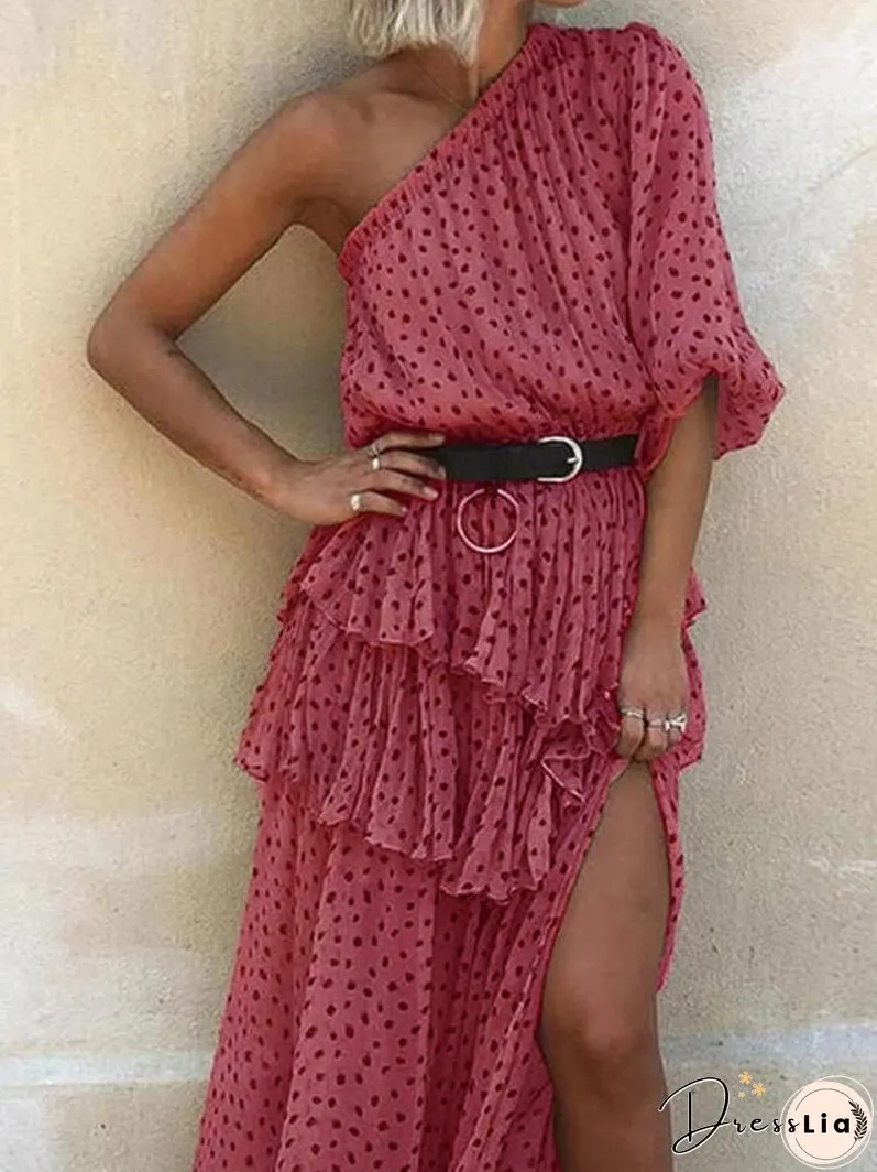 Women's Dresses Polka Dot Print Sloping Shoulder Split Chiffon Dress
