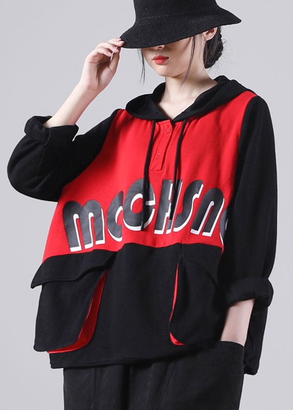 Comfy Red Hooded drawstring Pockets Fall Patchwork Pullover Street Wear CK1152- Fabulory