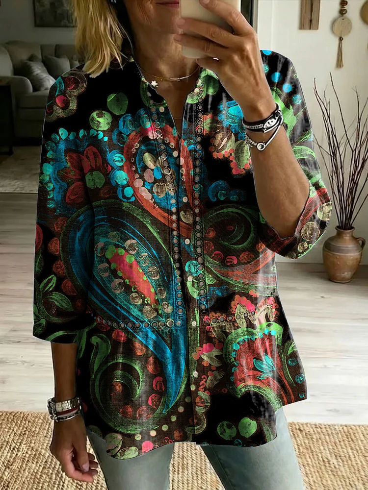 Floral Flowers Art Patterns Casual Patchwork Openwork Webbing Linen And Cotton Shirt