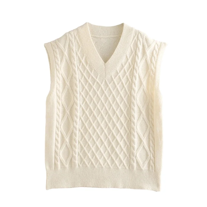 PUWD Casual Woman Beige Loose Soft V Neck Crochet Vest 2021 Spring Fashion Ladies Basic Knitwear Female Elegant Knitted Tank