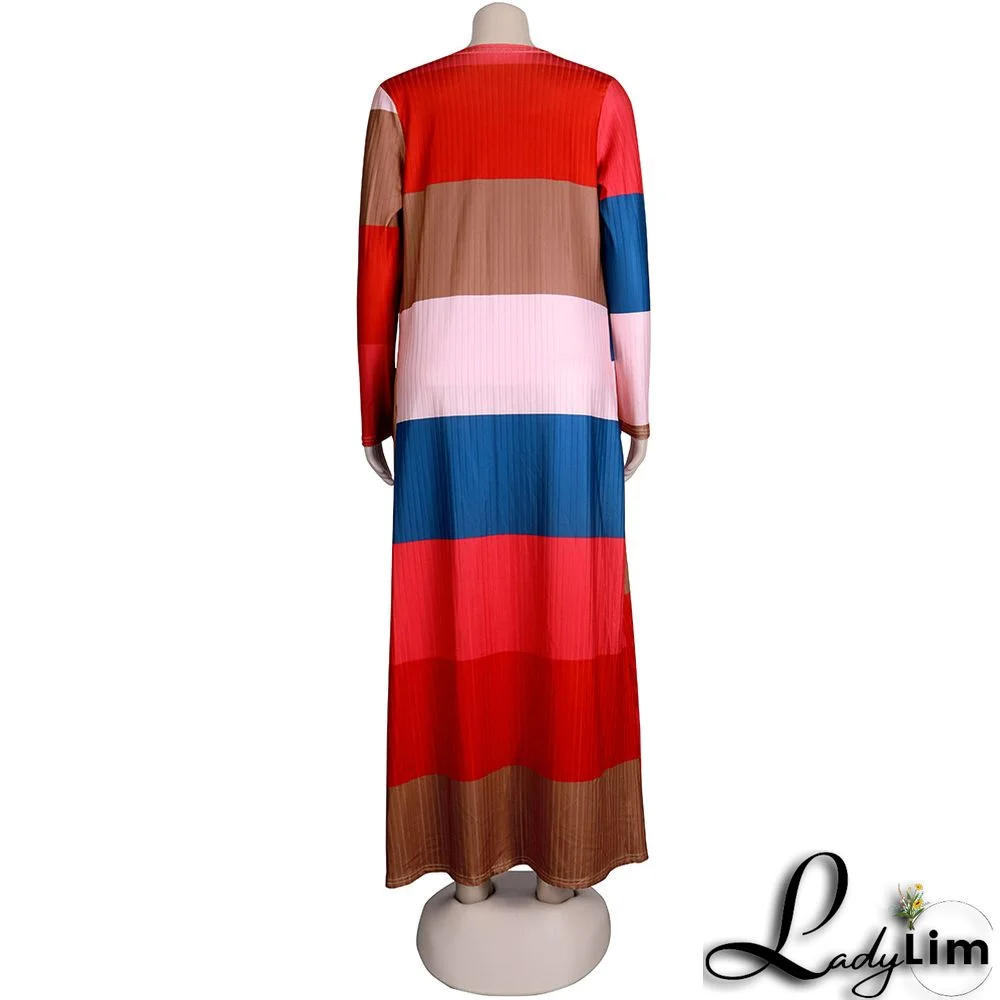 Plus Size Women Ribbed Print Colorblock Dress + Long Coat
