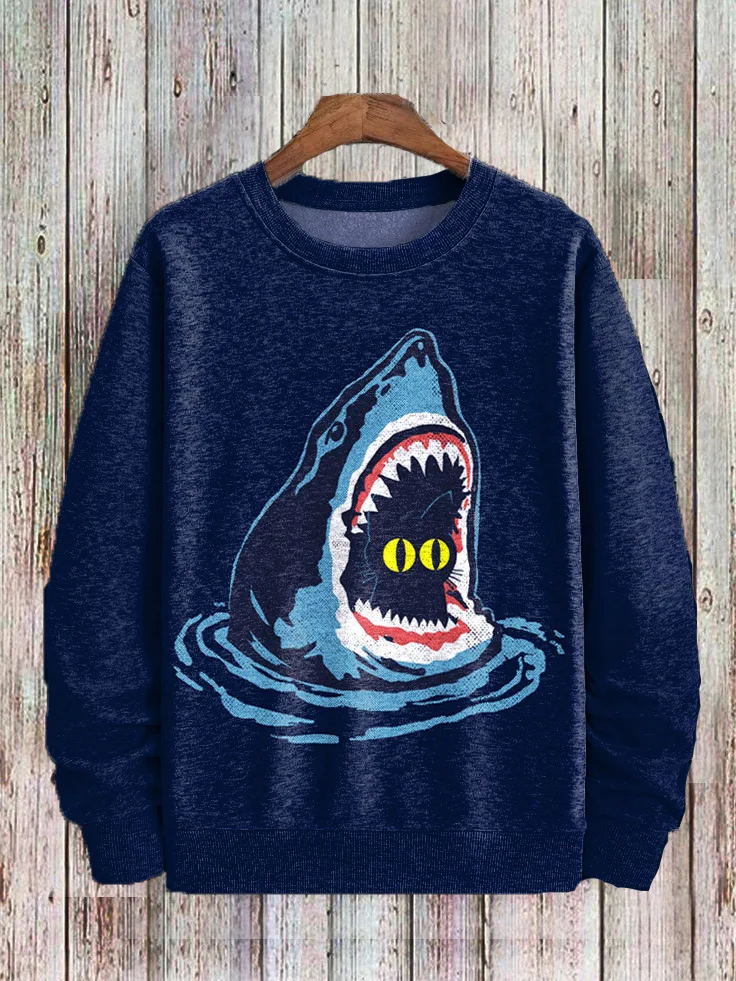 Men's Shark And Black Cat Graphic Print Casual Sweatshirt