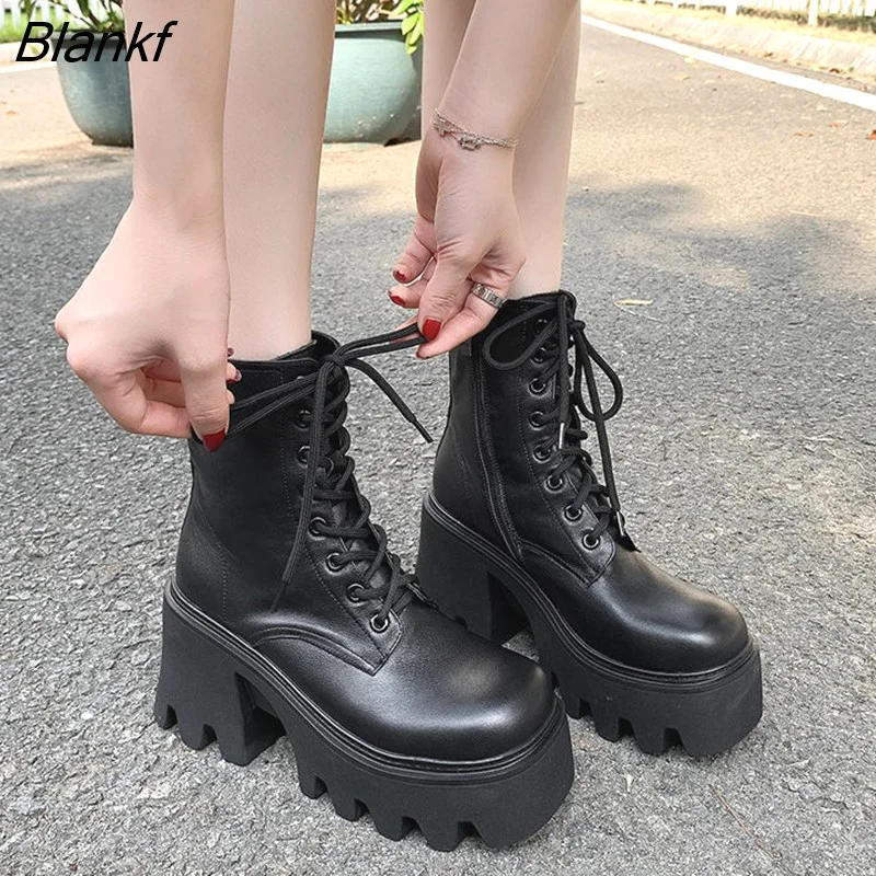 Blankf platform Boots Womens Ladies Chunky Wedge Platform Black Patent Leather Ankle Boots Punk Lady Botas Mujer 2023