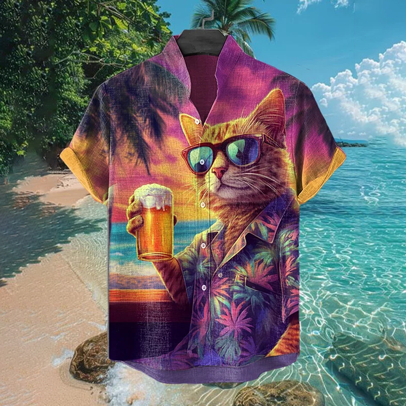 Men's Cat Wearing Sunglasses Sunset Scenery Print Short Sleeve Shirt