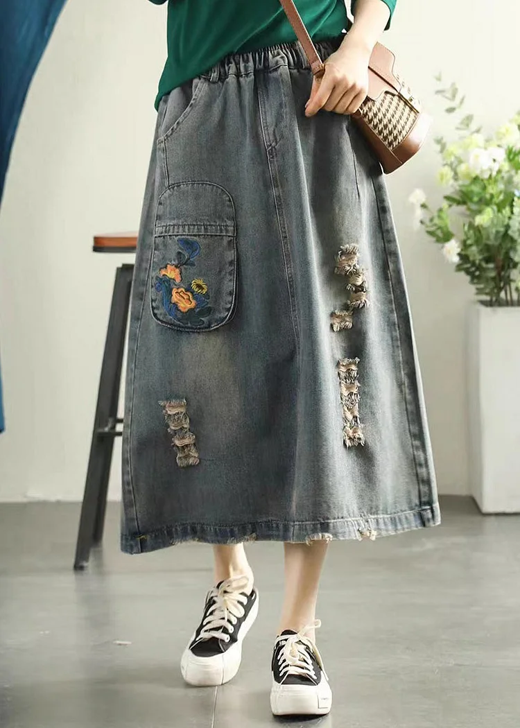 Vintage Light Blue Embroideried Patchwork Cotton Long Skirt Summer