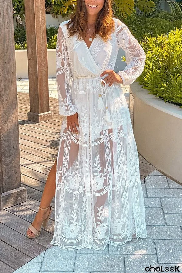 OFF WHITE LACE MAXI DRESS WITH BELT