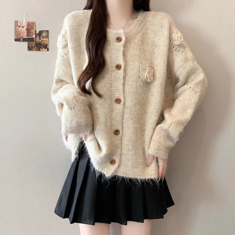 Athvotar Athvotar Small Fresh Three-Dimensional Flowers Knitted Shirt Women Autumn And Winter New Design Sense Age-Sensitive Sweater Coat Women