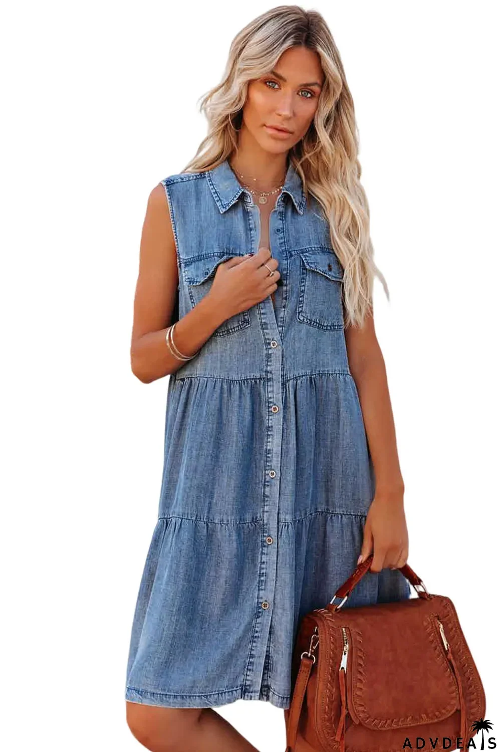 Sky Blue Flap Pockets Button up Sleeveless Denim Dress