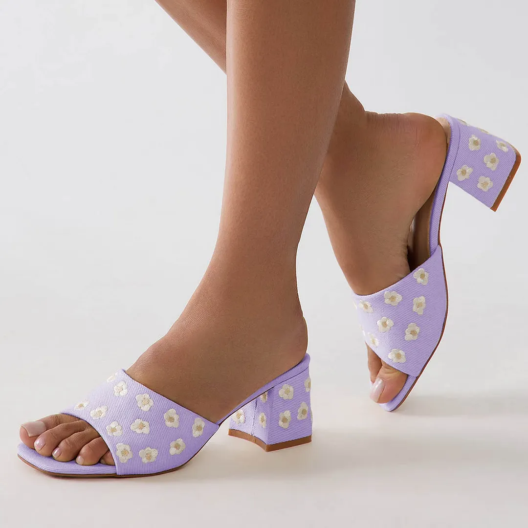 Light Purple Block Heel Flower Embroidery Slide Shoes for Women