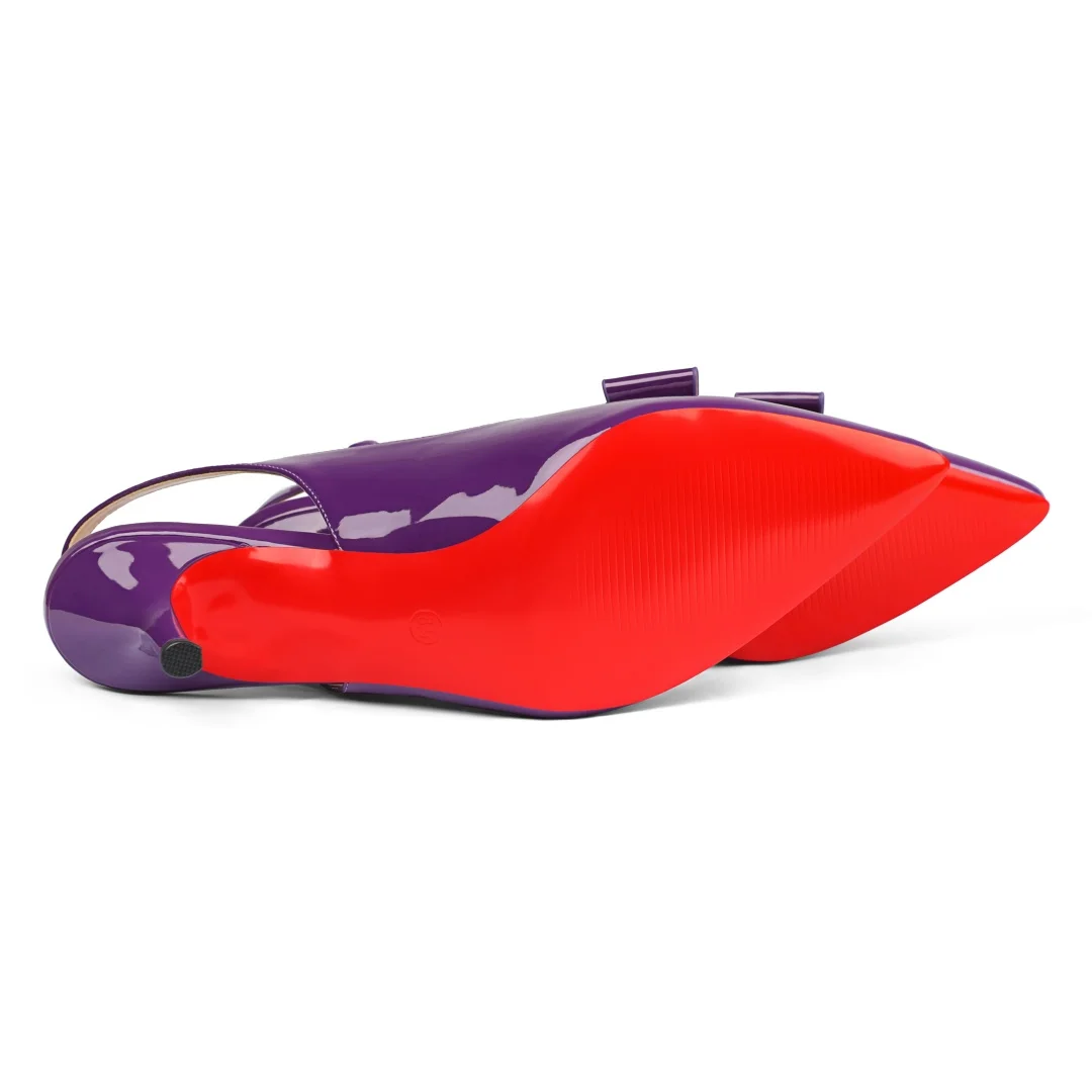 65mm Women's pointed Toe Bowknot Kitten Heel Slingback Pumps Red Bottom Patent Shoes-MERUMOTE