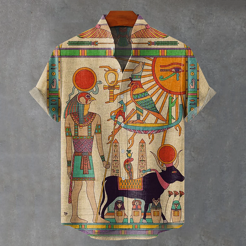 Abstract Egyptian Pharaoh Totem Illustration Art Figures Geometric Print Casual Shirt