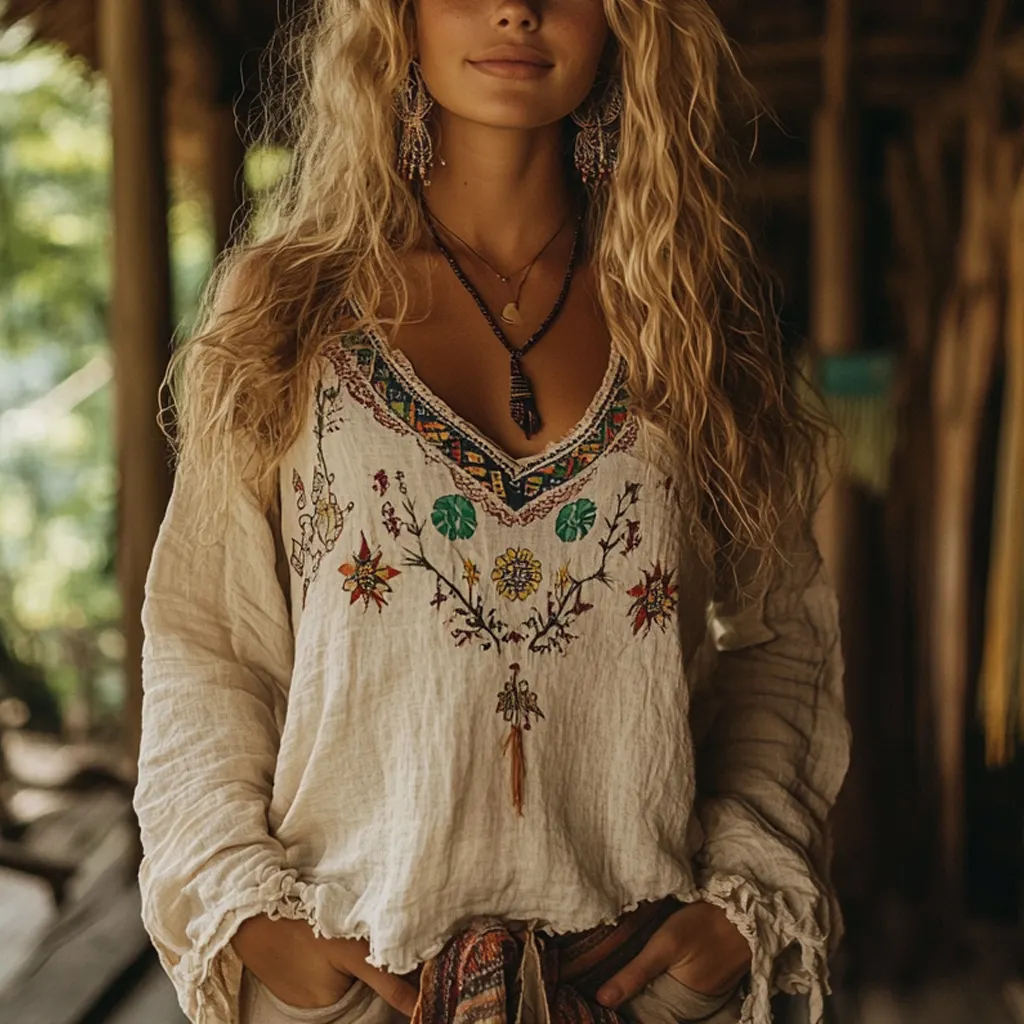 Bohemian Resort Vintage Linen Print Casual Long Sleeve Top