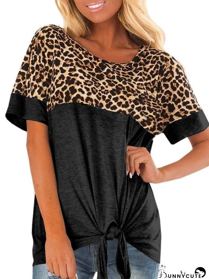 Leopard Print Stitching Ribbon Bow T-shirt