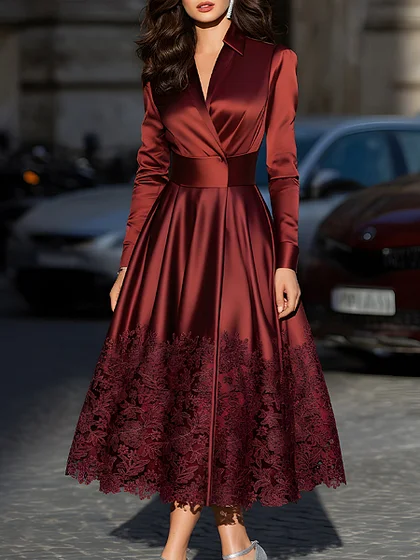 Burgundy Satin Buttoned Midi Dress