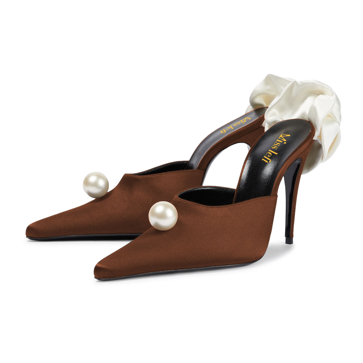 Brown Satin Pearl Floral Pointed Toe Stiletto Heel Mules Shoes Nicepairs