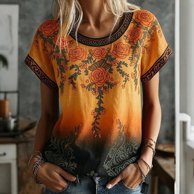 Women's Retro Rose Embroidery Gradient Pattern Casual Halloween Crew Neck T-shirt