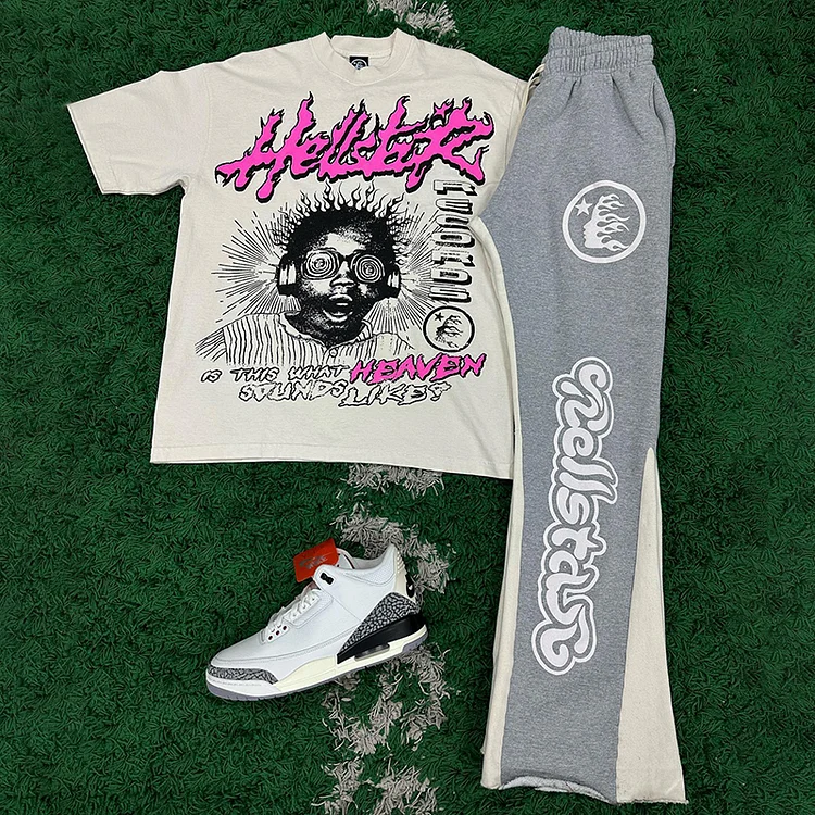 Personalized Vintage Hellstar Brainstorm Graphic Short Sleeve Tee & Flared Trousers Two Piece Set