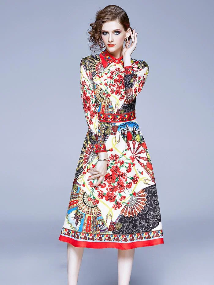 Lapel printed long-sleeved A-line dres