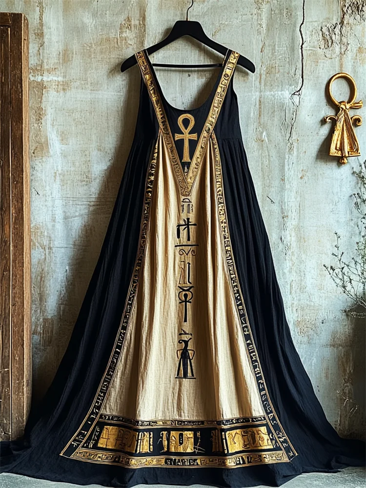 Ankh Embroidered Ancient Egyptian Contrast Linen Maxi Dress