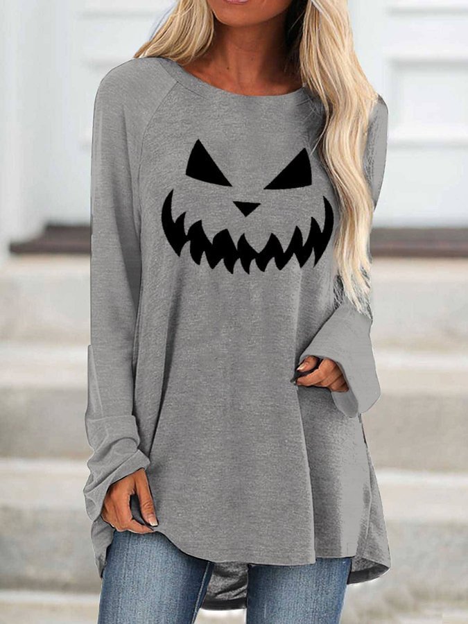 Women's Halloween Pumpkin Face Print Long T-Shirt