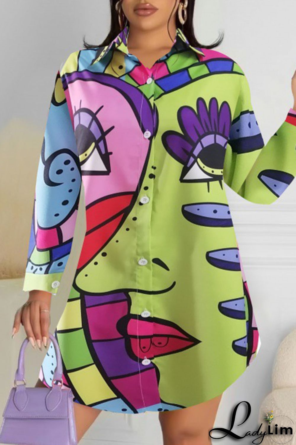 Purple Green Casual Street Print Patchwork Buckle Turndown Collar Tops