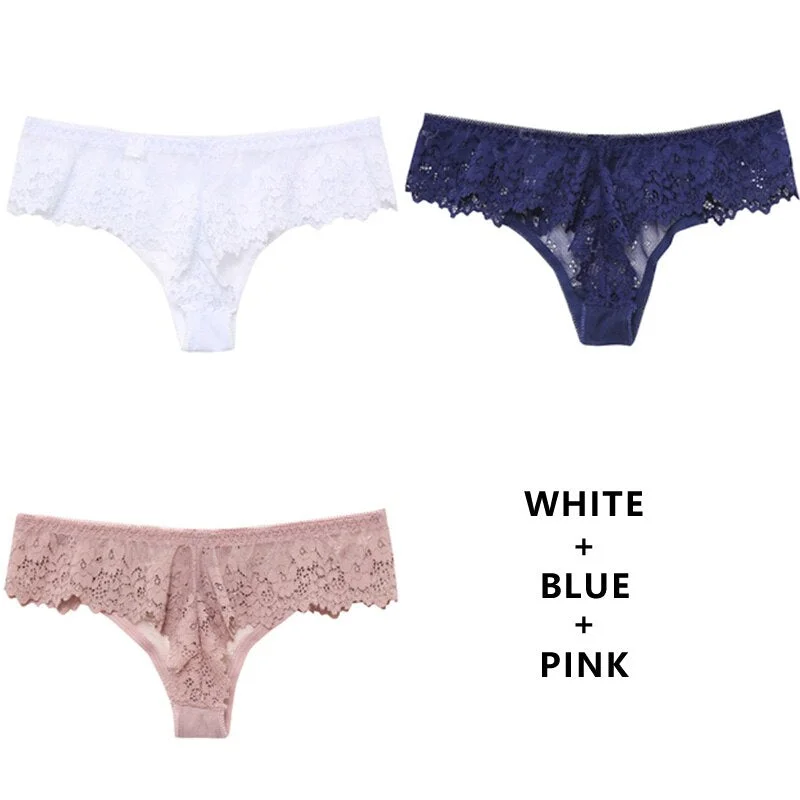Meet'r 3Pcs/Lot Women Sexy Lace Lingerie Temptation Low-Waist Panties Embroidery Underwear Female Thong Transparent G String