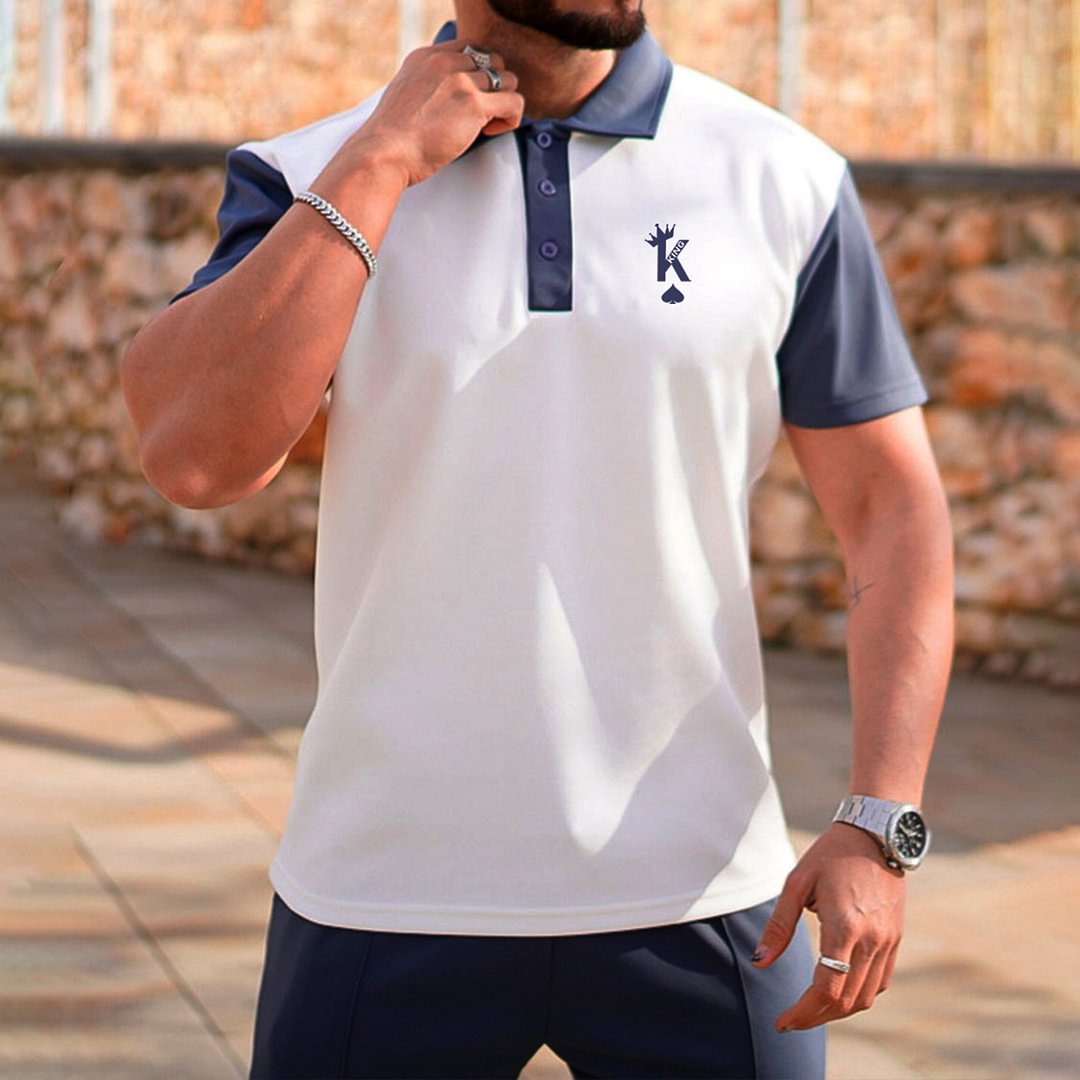Men's King Print Colorblock Polo Collar T-Shirt Business Casual Polo Shirt、、URBENIE
