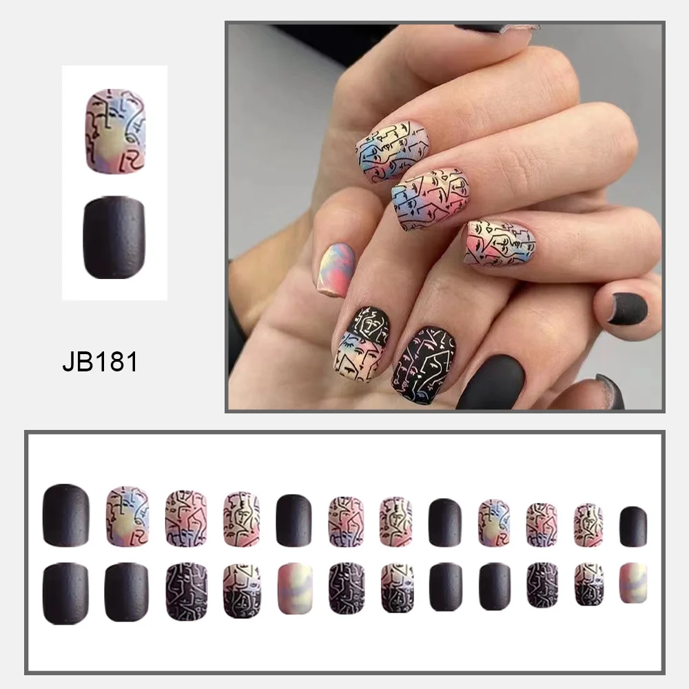 Churchf Churchf Square Dazzle Color Graffiti Black Bottom Gradient Fake Nail Finished Beauty Nail Film Ins Wind Fake Nail