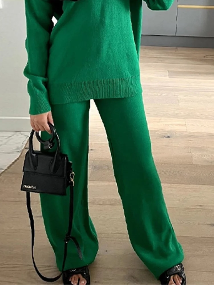 Colourp Women Solid Knitted Sweater Suit Casual Loose Long Sleeve Turtleneck Pullover&straight Pants 2022 Autumn Winter Warm 2 Piece Set