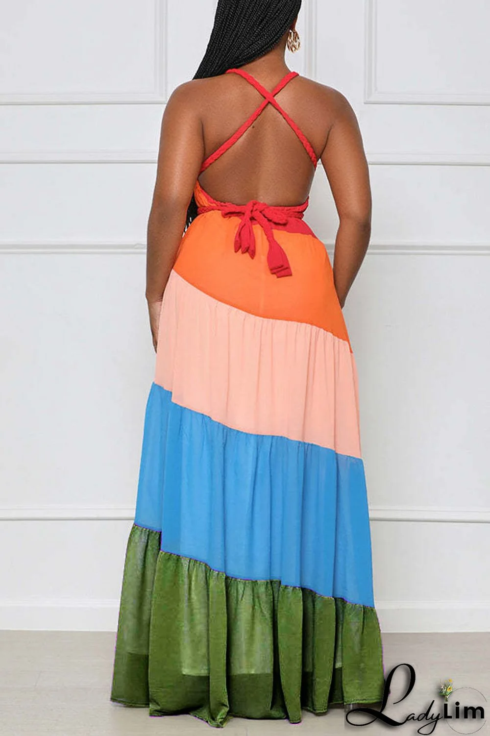 Orange Sexy Print Patchwork Backless Straight Dresses