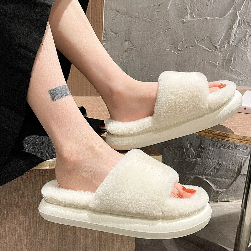 Winter Women&#39;s Slippers Thick-bottomed Fur Furry Slippers for Home Soft Platform Shoes 2022 Indoor House Warm Cotton Slippers