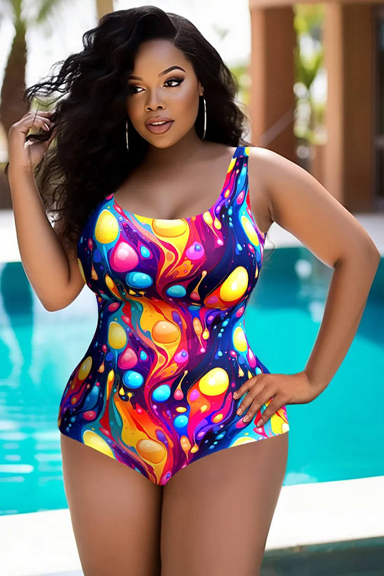 Xpluswear Design Plus Size Vacation Multicolor All Over Print Sleeveless One Piece Swimwear
