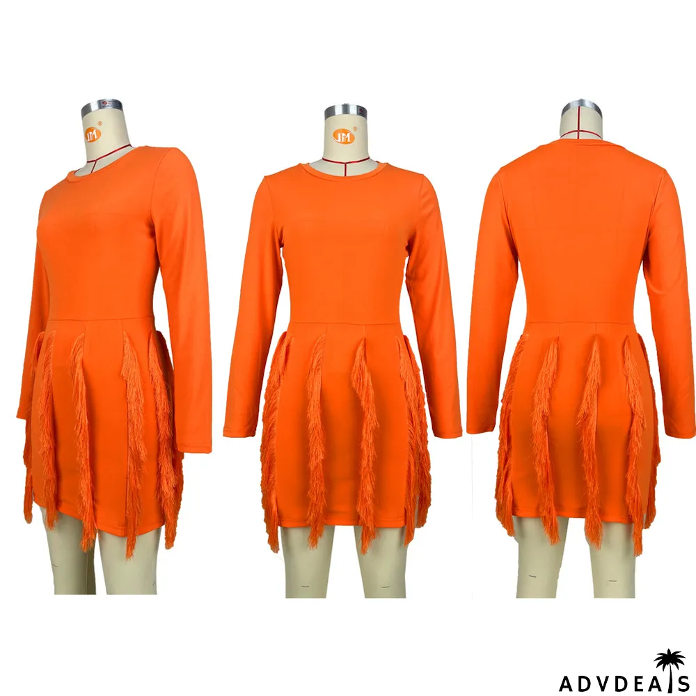 Solid Color O Neck Tassel Mini Dress