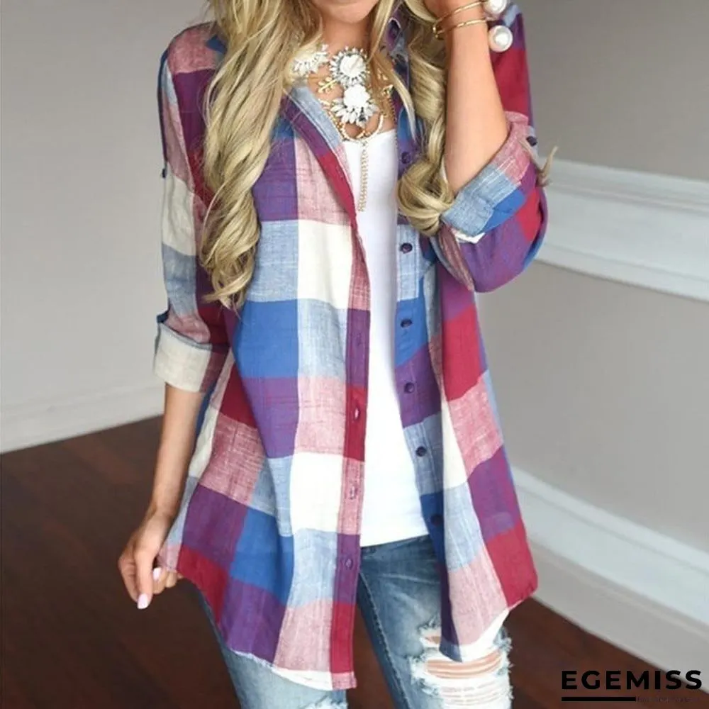 Fashion women Casual Matching Color Long Sleeve Button Loose Plaid Shirt Top Blouse | EGEMISS