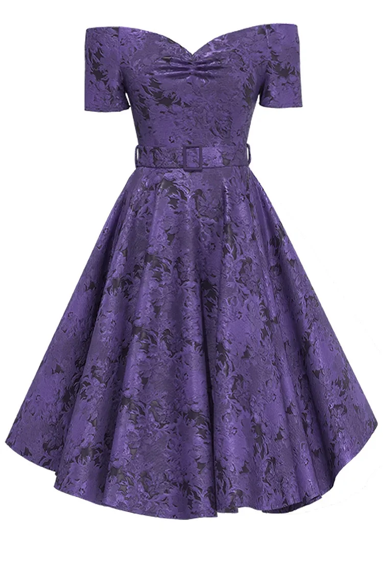 1950s Purple Formal Off The Shoulder Jacquard Ruched A-line Maxi Dress (With Belt) [Pre-Order]
