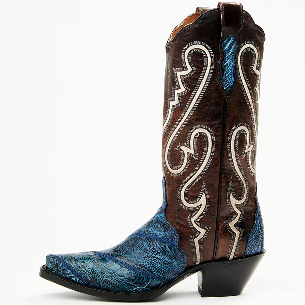Brown & Blue Patchwork Mid-Calf Snip Toe Cowgirl Boots with Chunky Heels Nicepairs