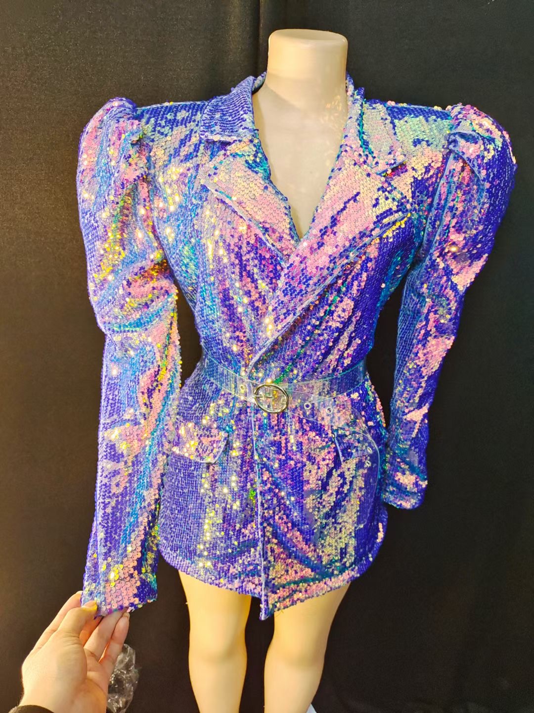 VCSHOES Sparkly Purple Sequins Jacket Belt Outfit Jazz Dance Costume Celebrate Birthday Performance Nightclub Wear
