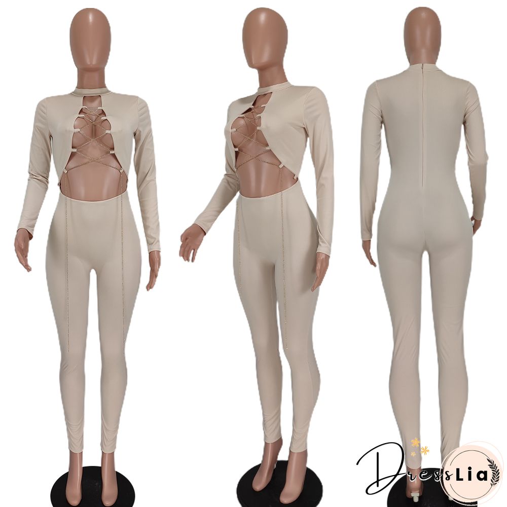 Sexy Hollow Out Chain Lace Up Skinny Jumpsuit