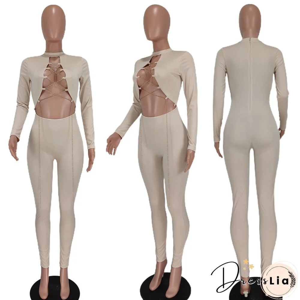 Sexy Hollow Out Chain Lace Up Skinny Jumpsuit