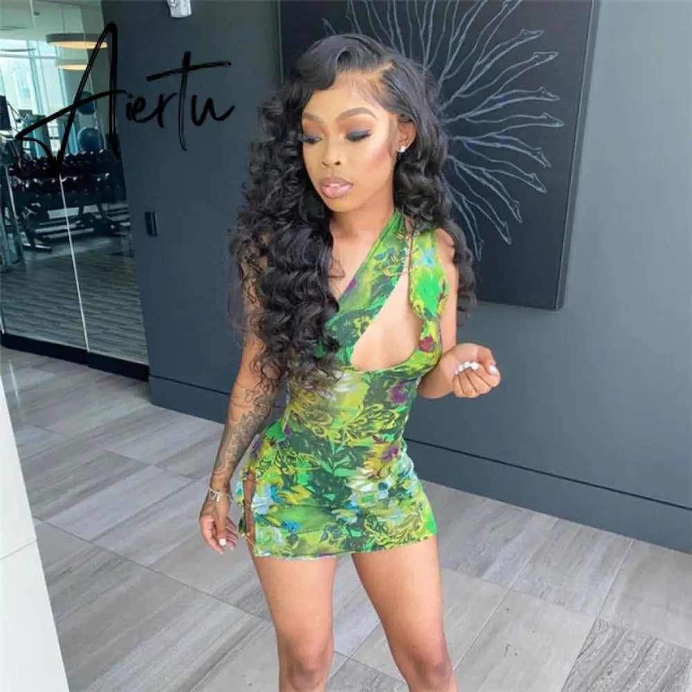 Aiertu Sexy Summer Green Floral Bodycon Dress Club Outfits Cut Out One Shoulder Backless Micro Mini Dress with Slit Aiertu