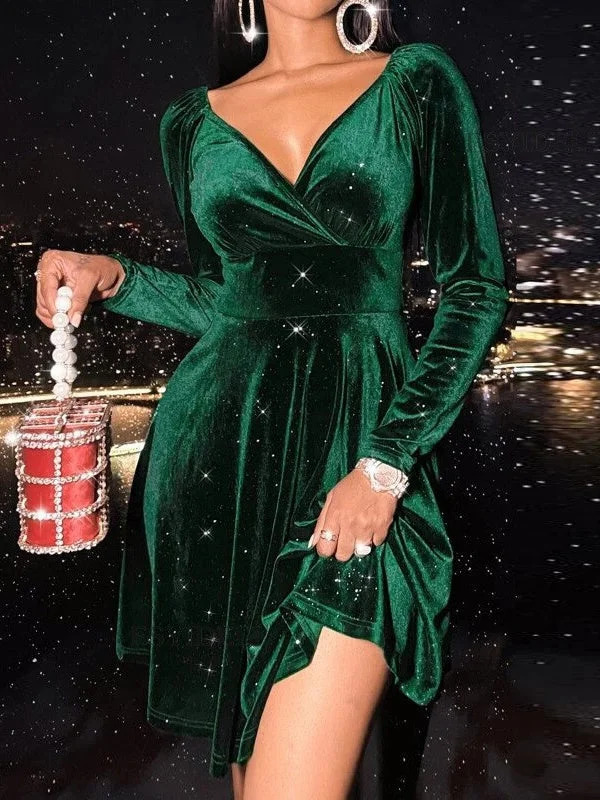 Women's Long Sleeve V-neck Solid Color Temperament Midi Dress